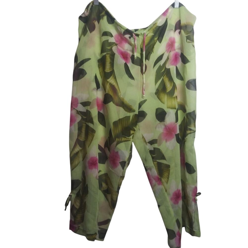 Leilani Floral Capri Cover Up Pants Semi Sheer Vacation Beach Size L/XL